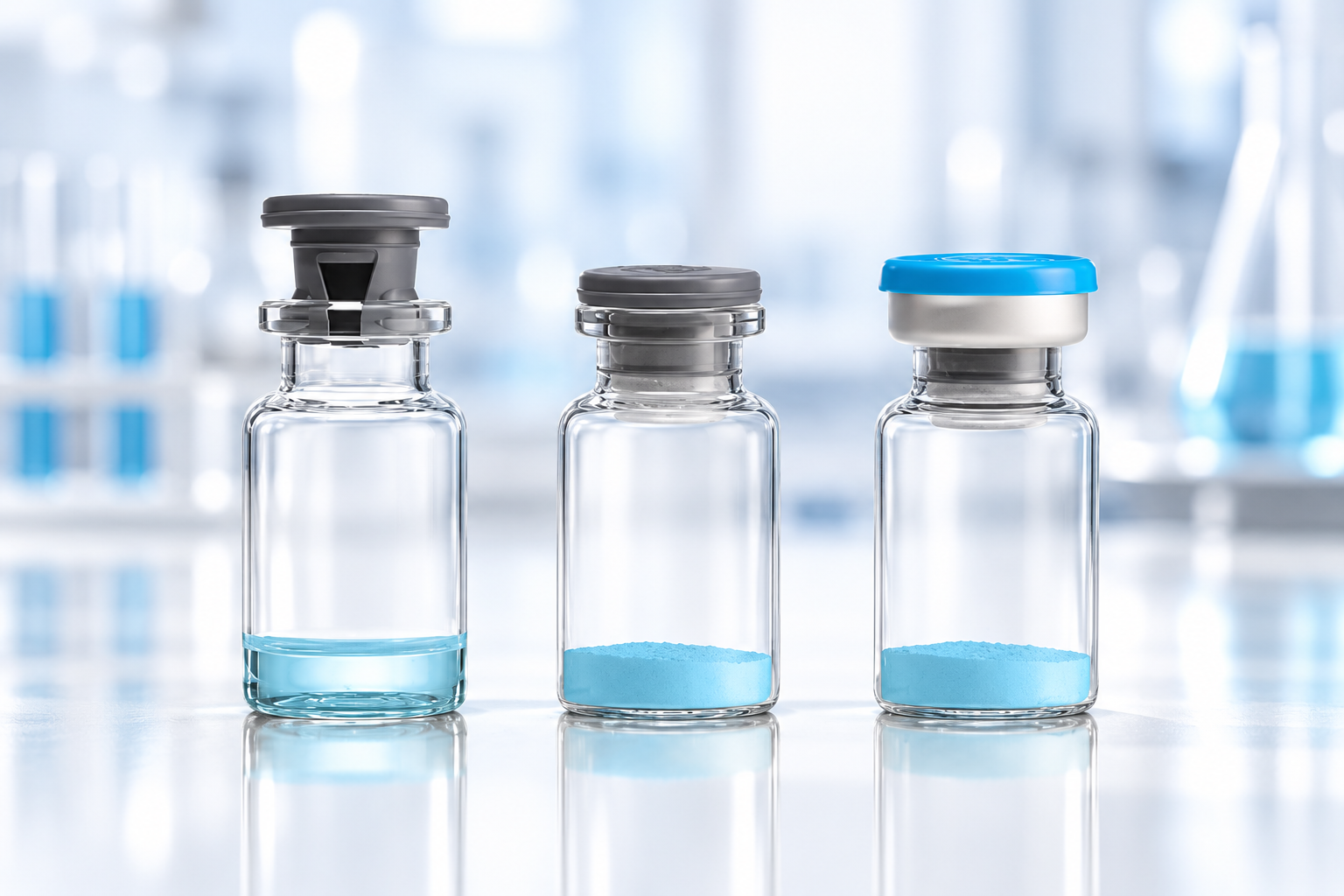 Three Blue Powder Pharmaceutical Vials